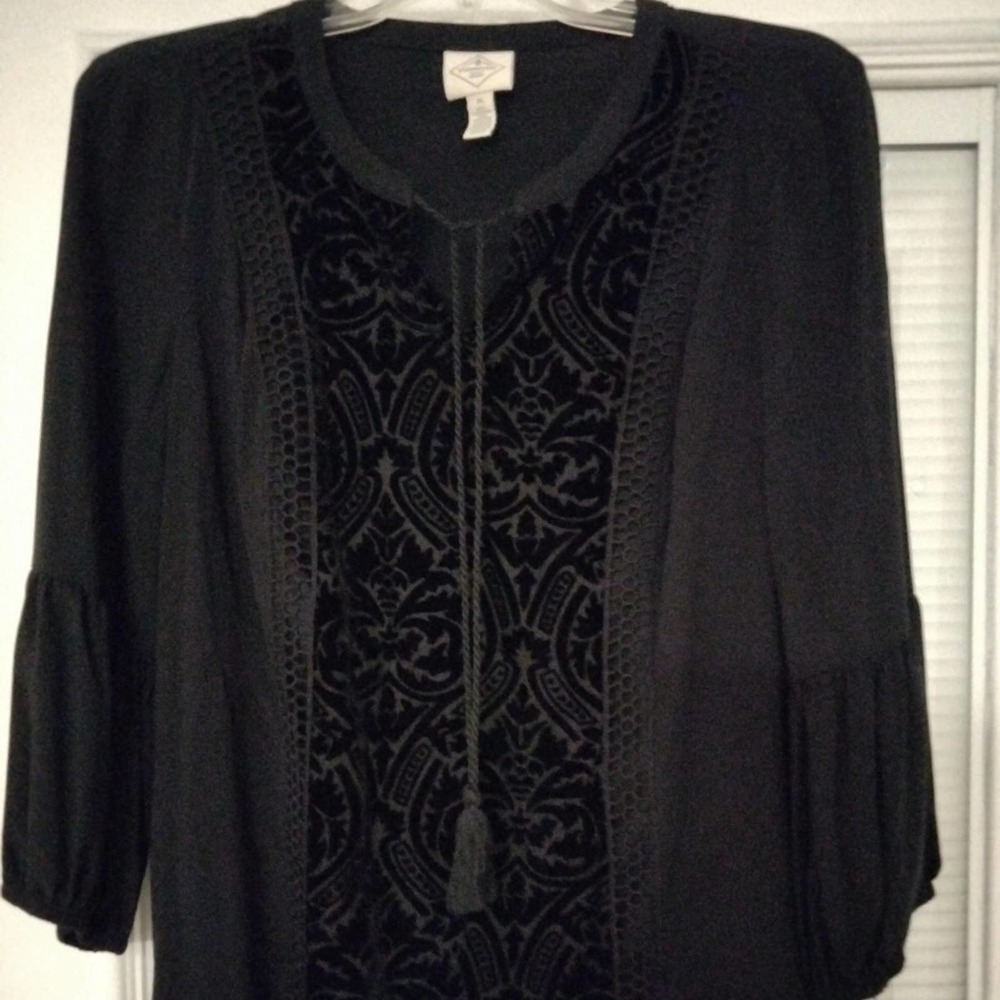 St John's Bay black blouse shirt Velvet embroidery puffed sleeves Women P Large